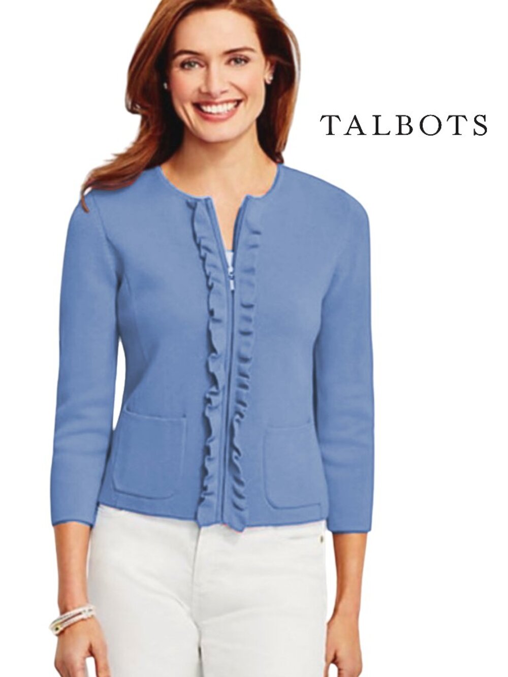 Talbots Ruffle Cardigan Sweater Rayon Cotton Zipper Front Cornflower Blue NWT
